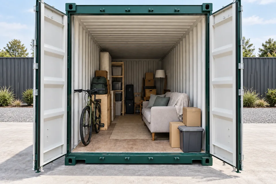 Household belongings neatly arranged inside a narrow storage container