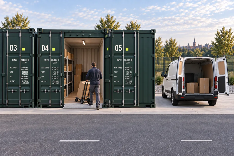 A person moving boxes by trolley beside a narrow shipping container and small van