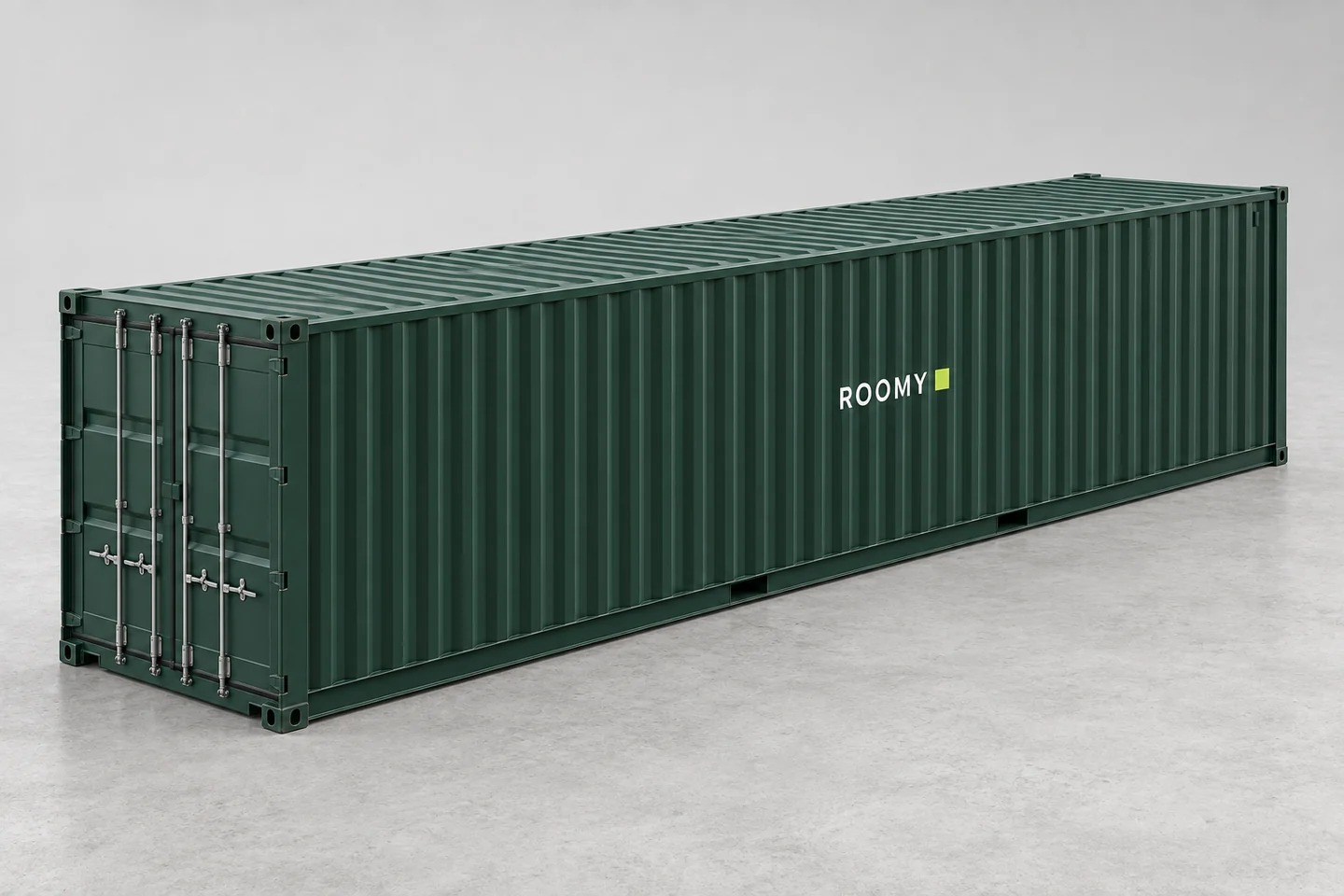 A long, standard-width 40 ft ROOMY shipping container