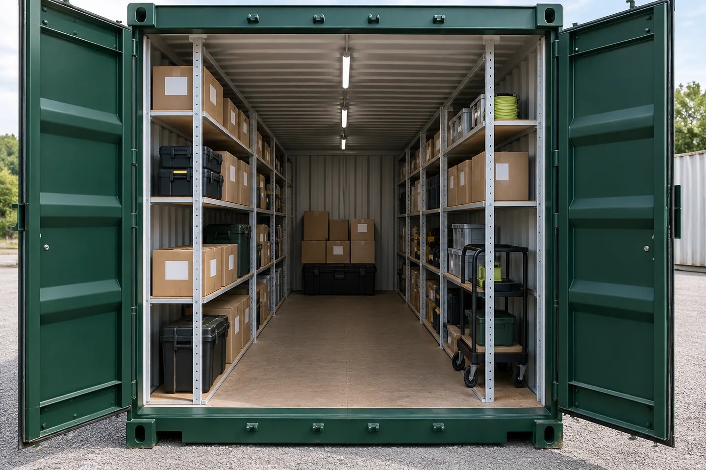 Business stock arranged inside a standard 20 ft storage container